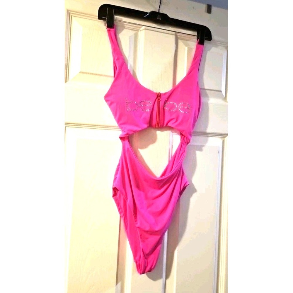 New L Bebe Swim Monokini Sexy Bathing Suit Zip Rhinestones Crystals Neon Pink